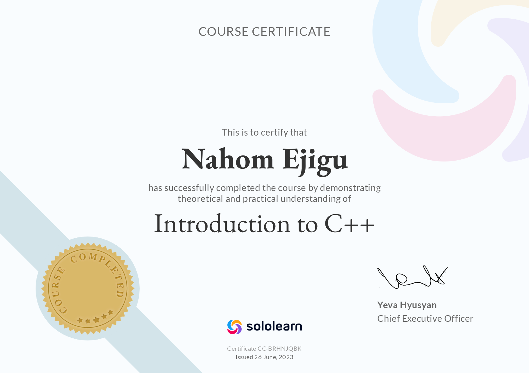 sololearn C++ Certificate