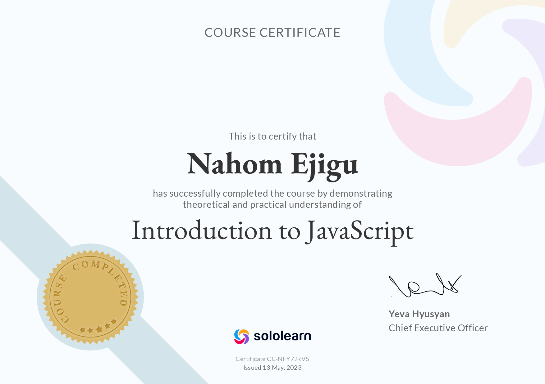 sololearn JavaScript Certificate